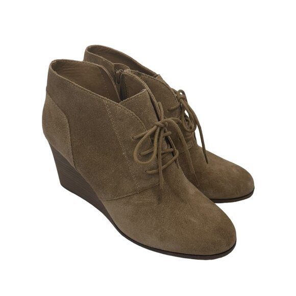 LUCKY BRAND SHYLOW Women SZ 9.5M/41 Brown Suede Leather Wedge Booties Lace Up - Picture 4 of 13